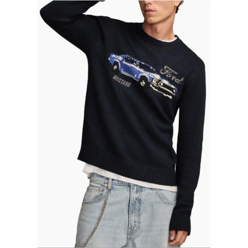 NWT Lucky Brand Men's Large Navy Blue Ford Mustang Graphic Sweater Wool Blend